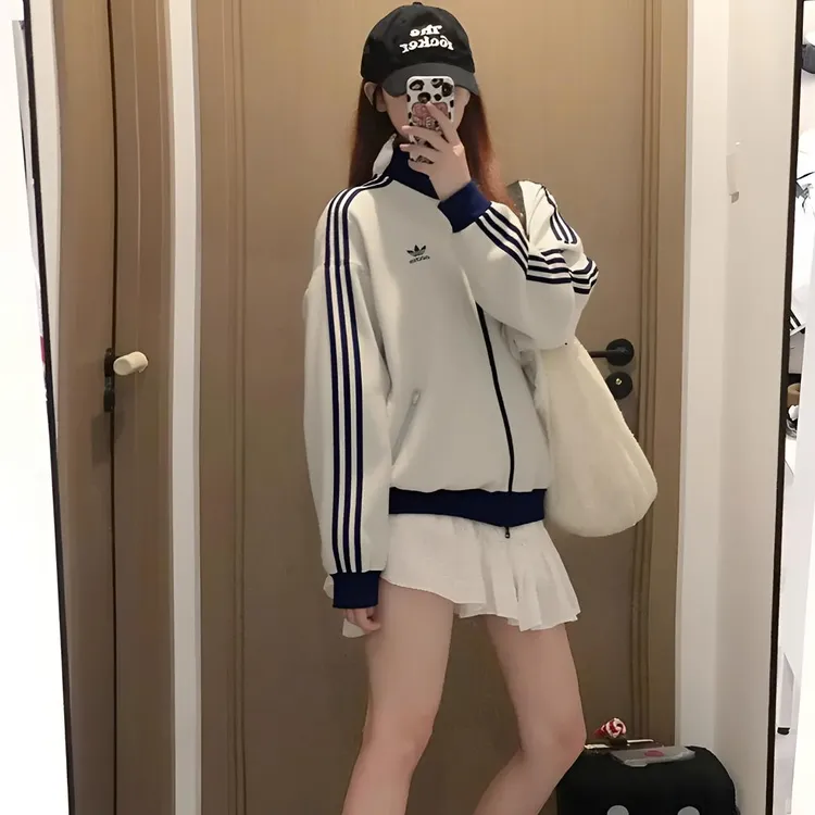 adidas/阿迪达斯正品三叶草男女同款华夫格立领运动宽松夹克外套