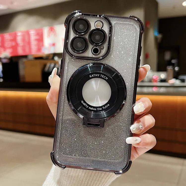 适用iPhone17/16苹果15/14防摔闪粉手机壳带CD纹支架全包透明软壳