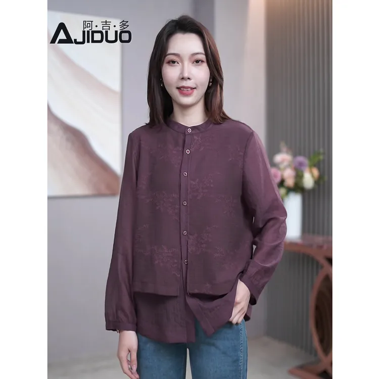 高端气质假两件衬衫女春季新款女士优雅立领衬衣大码显瘦刺绣上衣