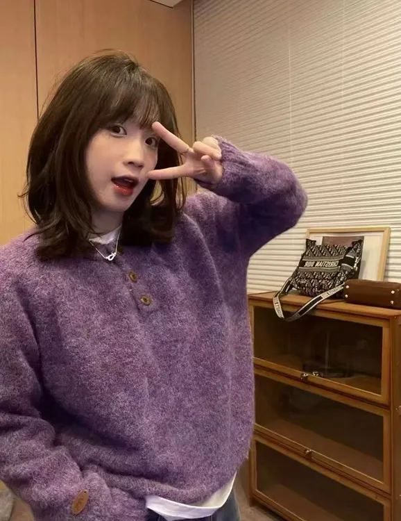 蓝色软糯宽松圆领毛衣女小个子加厚内搭秋冬可外穿打底高级感上衣