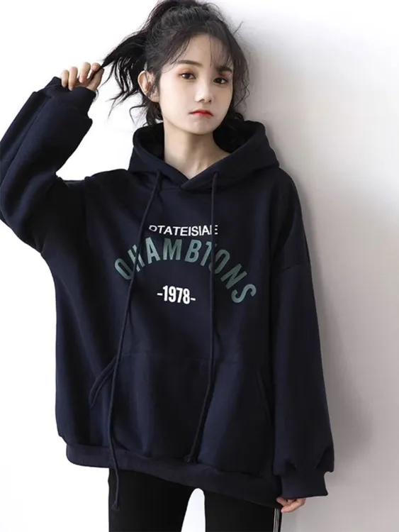 秋冬季蓝色连帽加绒卫衣女2025款宽松慵懒风休闲中长款百搭外套