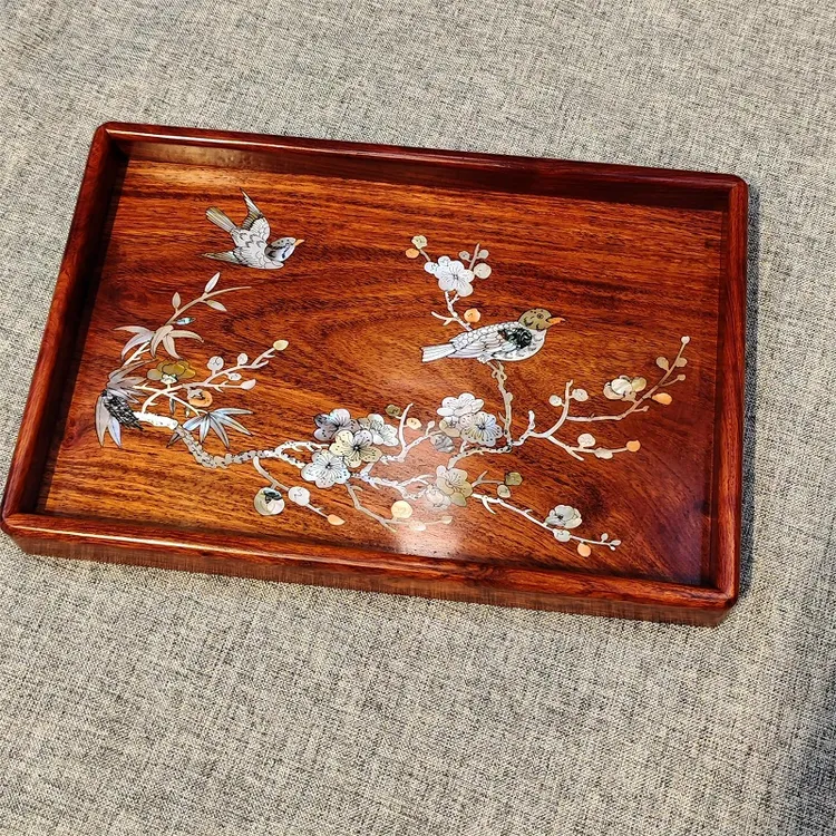 缅花螺钿工艺贝壳托盘高端红木茶托盘喜上眉梢30*20*3cm