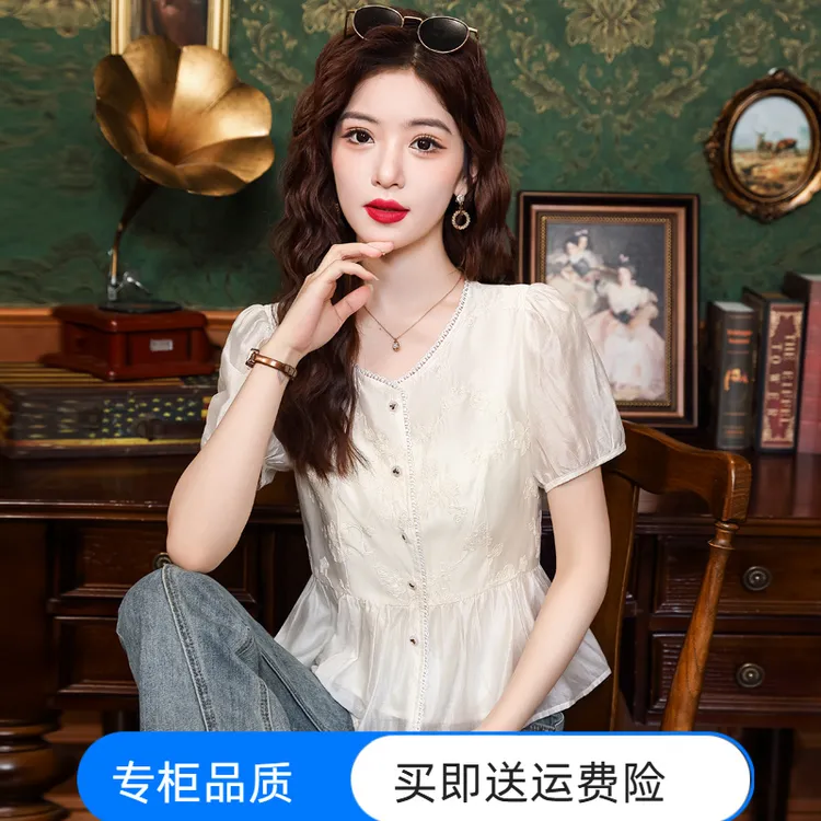 开衫有内衬2025新款宽松收腰遮肚女短袖绣花衬衫女夏