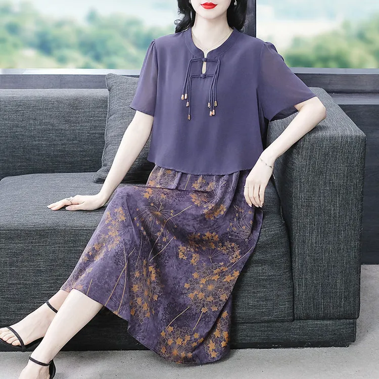 【直播爆款】新中式时尚气质胖妈妈大码女装春夏印花拼接宽松连衣裙