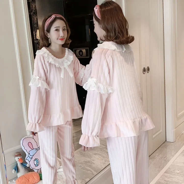 全棉时代秋冬季珊瑚绒睡衣女加厚加绒家居服春秋少女公主风法兰绒