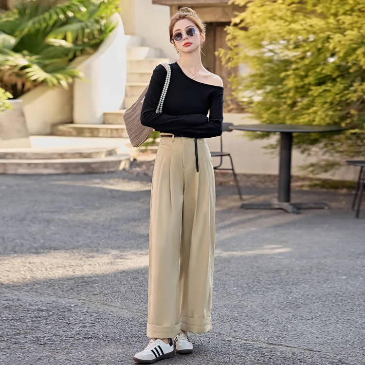 时尚休闲套装2025夏季新款女装露肩T恤阔腿长裤两件套YF2556