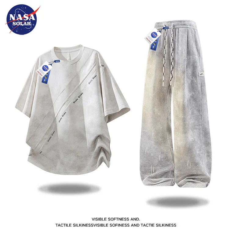 NASA SOLAR夏季新款圆领t恤男士套装百搭宽松扎染运动短袖两件套