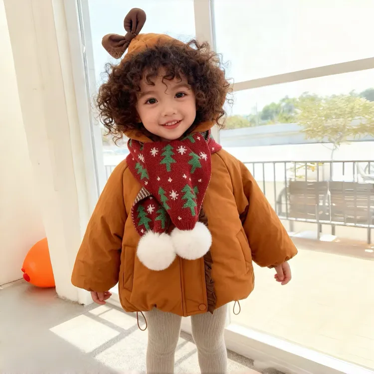 韩版儿童加绒连帽棉衣2025冬装女童加厚保暖棉袄子冬季棉服送围巾