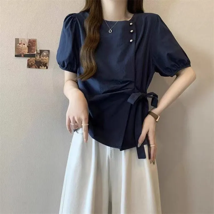 大码女装法式不规则遮肚子小众衬衫女夏季胖妹妹显瘦气质短袖上衣