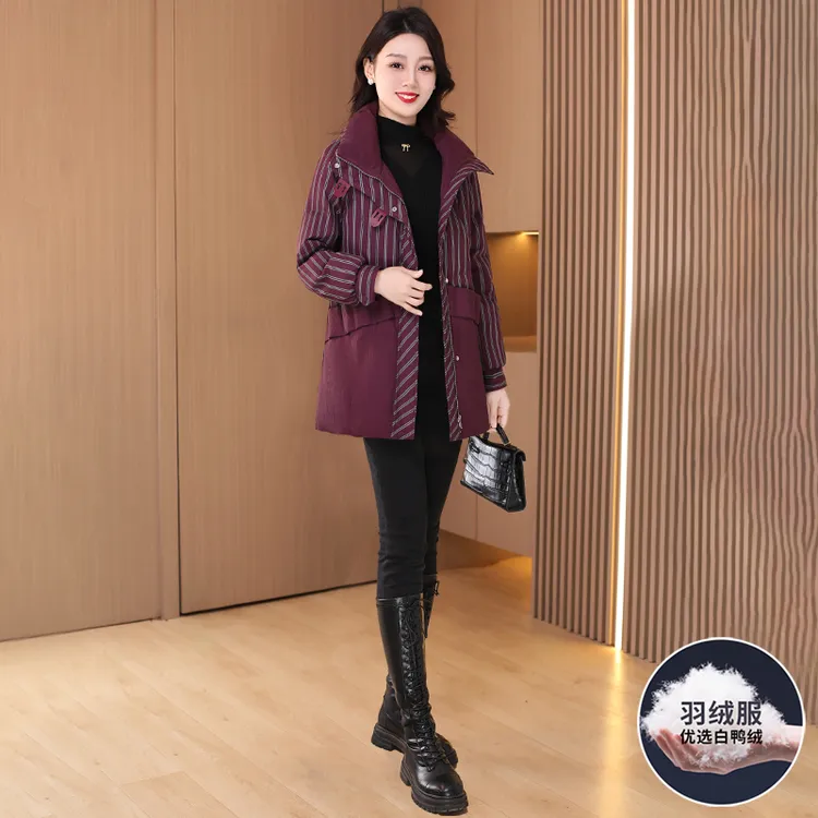 九江格纹高贵时尚上档次羽绒服2025新款秋冬季中长款外套