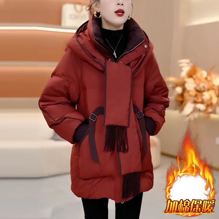 小个子韩版百搭围巾连帽棉服女2025冬季新款加厚保暖宽松显瘦外套