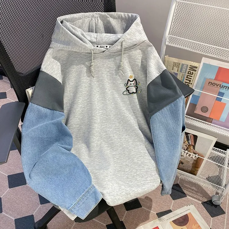 大码女装纯棉牛仔拼接假两件连帽卫衣女洋气宽松显瘦上衣ins潮