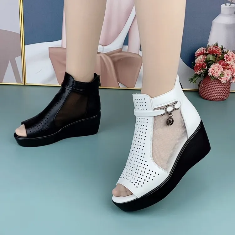 288时尚皮网拼接超轻厚底鱼嘴罗马凉鞋