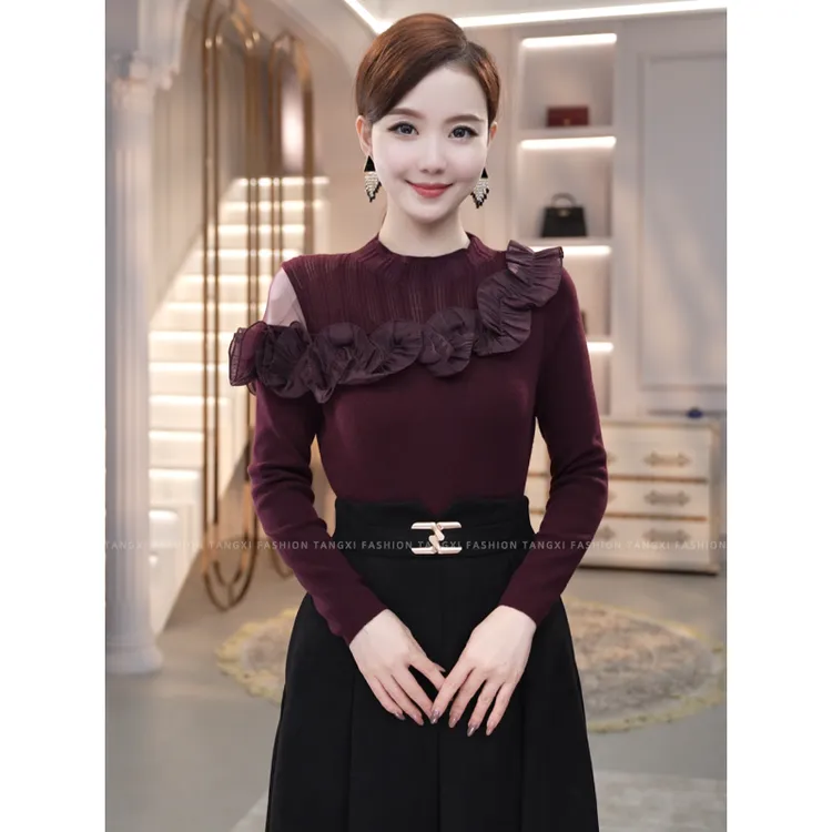 2026年新款【8413】含绵羊毛针织衫盘花酒红色修身时尚百搭毛衣女款