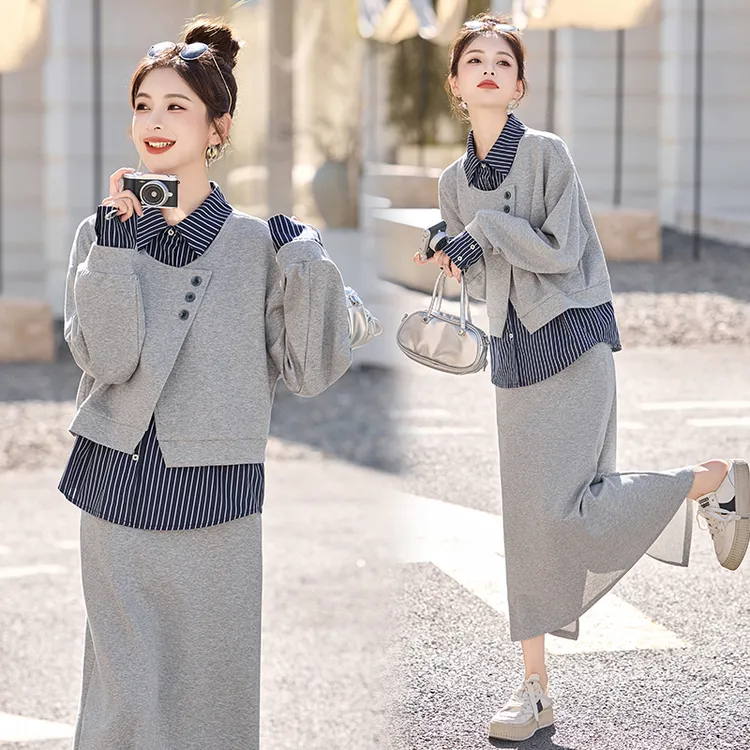 韩系气质条纹拼接卫衣套装女2025年春秋新款洋气减龄半身裙两件套