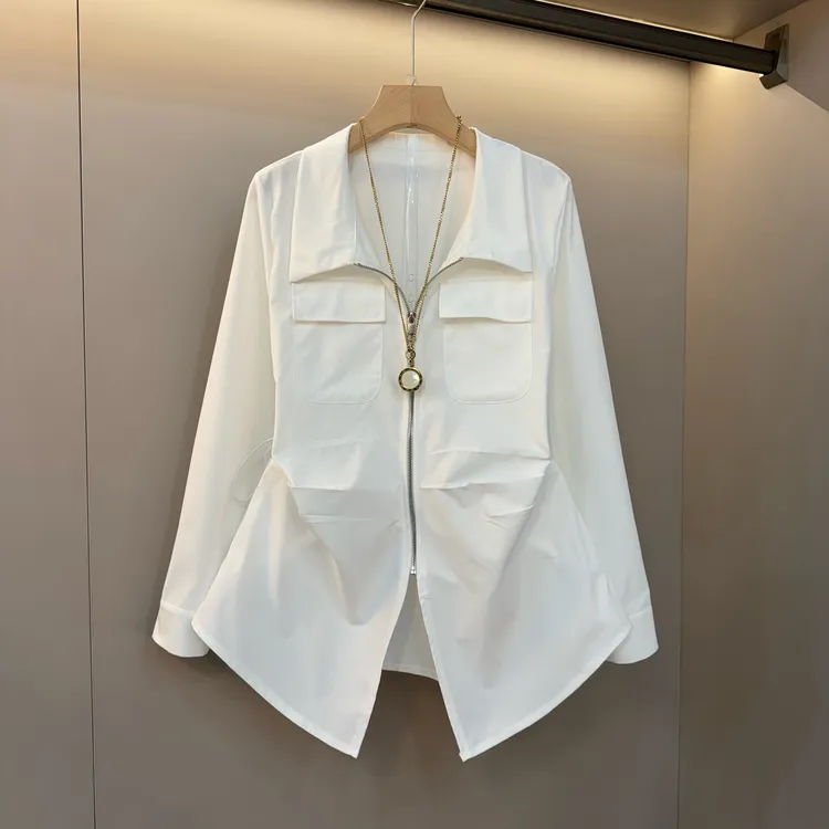 新款翻领拉链收腰设计感胖妹妹大码女装2025春休闲洋气上衣衬衫