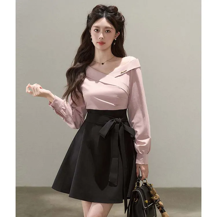 假两件v领斜肩长袖连衣裙女春秋高腰显瘦通勤a字短裙D3981