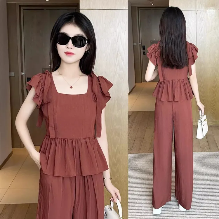 优品夏季运动女新款时尚宽松洋气女士方领短袖长裤休闲