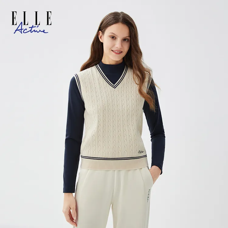 ELLE Active经典V领毛织背心立体编织纹理无袖马甲休闲运动女上衣