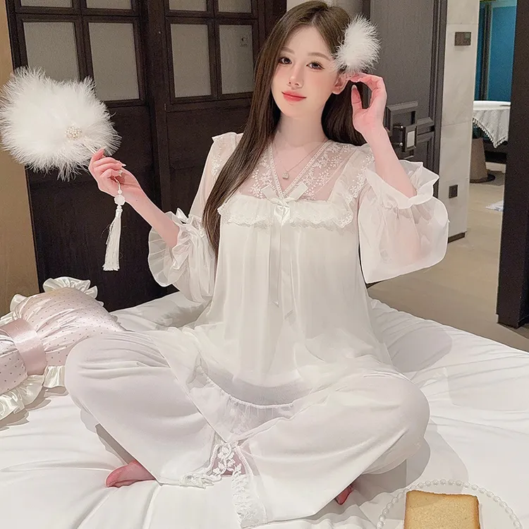 【小美慧】春秋季V领蕾丝网纱长袖长裤胸垫套装性可外穿感家居服女