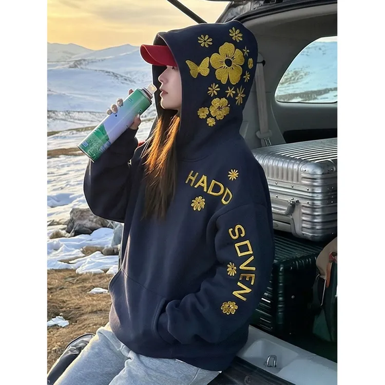 重磅高街hiphop蝴蝶刺绣连帽加绒卫衣女冬oversize外套特大码上衣