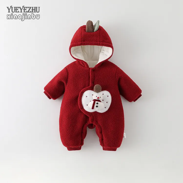 红色婴儿衣服冬季可爱毛绒哈衣宝宝加绒夹棉连体衣冬装连帽外套潮