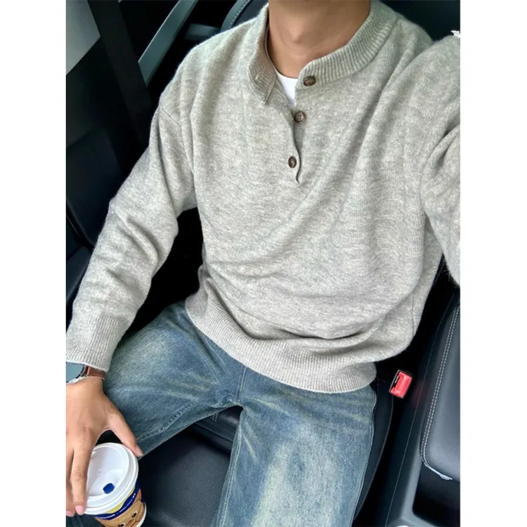 灰色亨利领毛衣男春秋cleanfit高级感打底针织衫美式慵懒chic卫衣