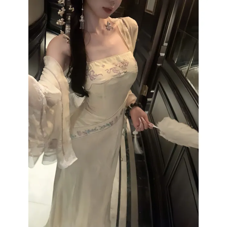 【雅乔定制】东游仙洲 暗纹提花刺绣国风吊带连衣裙DYYK-25042325