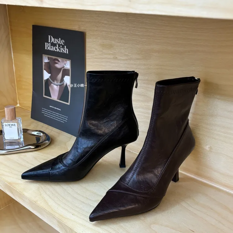 韩版软皮显瘦细跟尖头女靴短筒高跟鞋时装靴后拉链法式瘦瘦女短靴