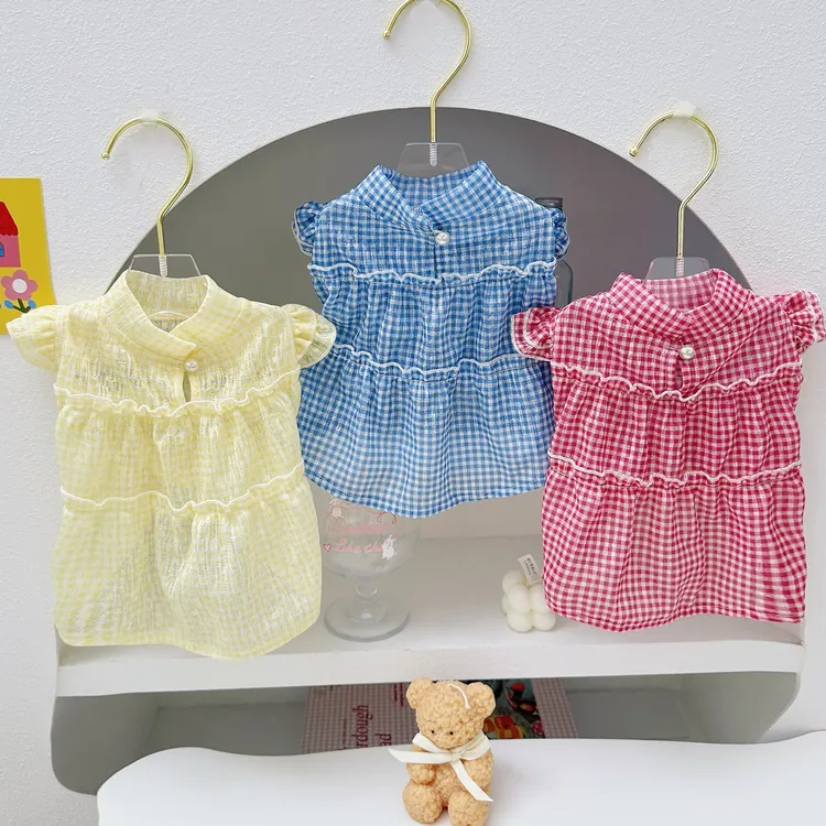 春夏薄款宠物衣服格子小飞袖公主裙狗狗猫咪衣服夏日薄款防晒裙子