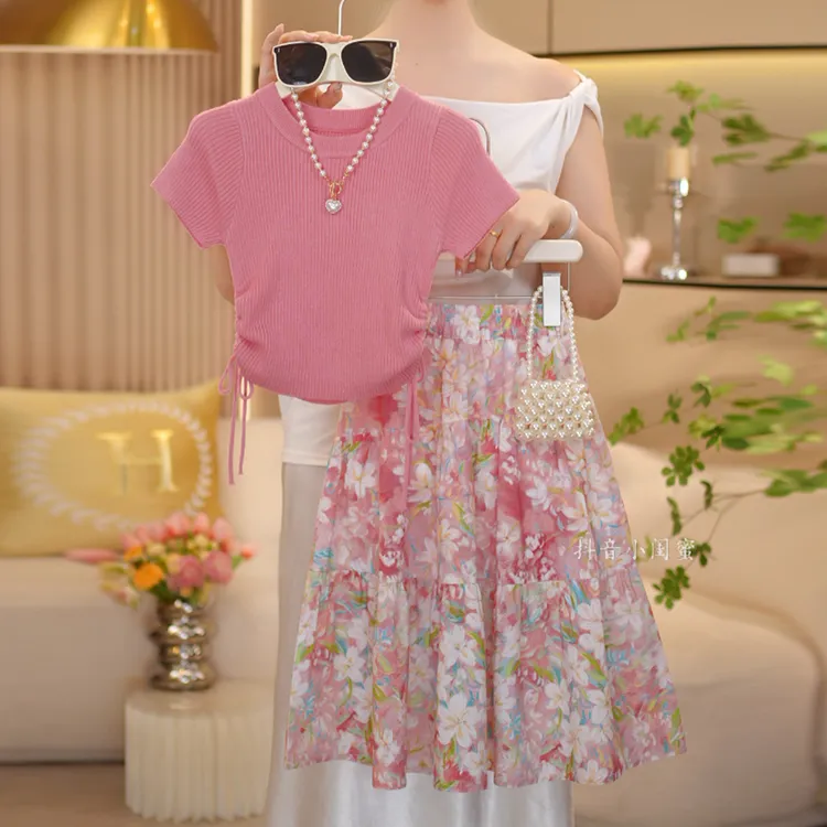 【闺蜜家】女童2025夏季新款时尚针织短袖T恤碎花公主长裙套装-8525