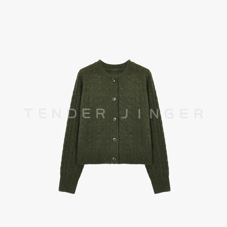 Tender Jinger｜圆领绞花牦牛绒混纺开衫T54DDD50568