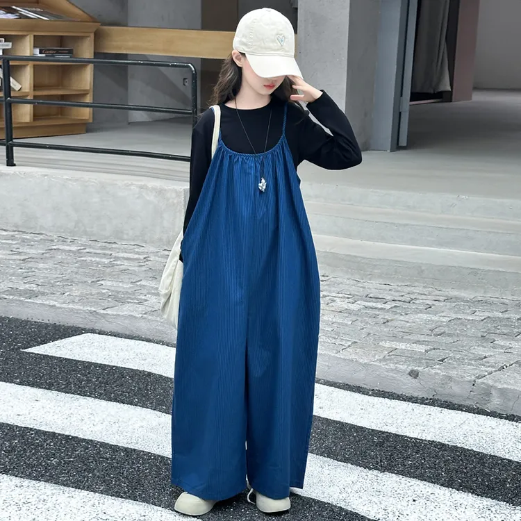 女童秋季套装爆款2025新款洋气大童高级感宽松背带阔腿裤儿童长裤