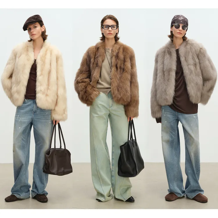 MSBEAST/野兽小姐霜华映月进口蓝狐坎毛晕染V领狐狸毛皮草外套女