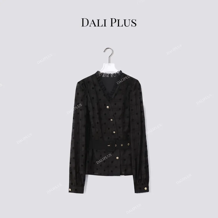 DALI PLUS“黑植绒天丝波点衬衫”叠襟收腰带长袖衬衫-D5SS7297