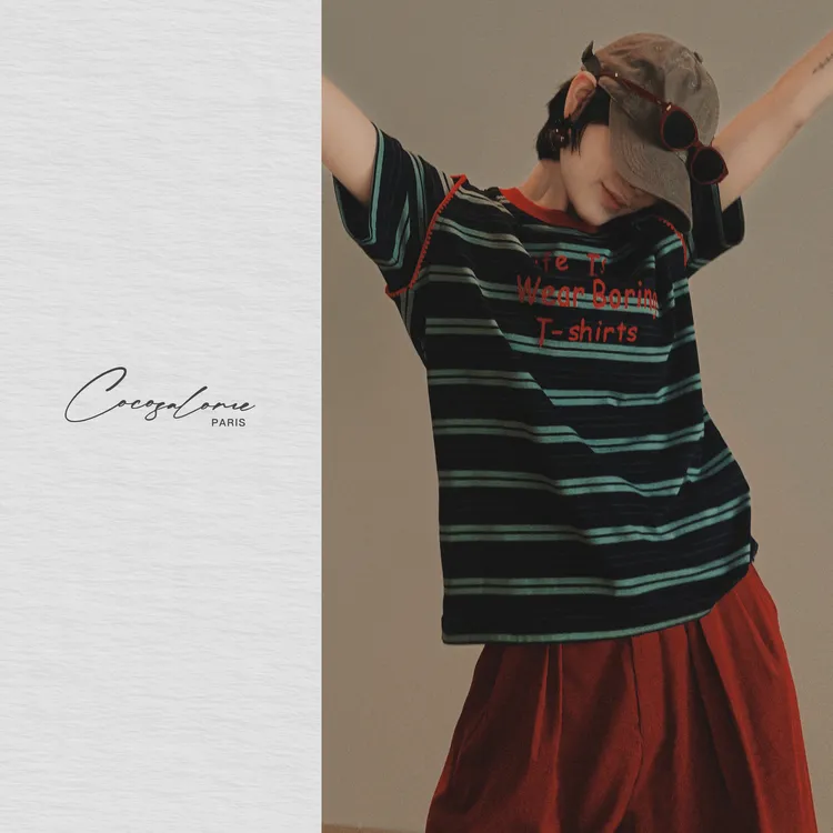 韩彬彬"日系条纹"复古条纹撞色软挺抗皱宽松慵懒短袖T恤918Y-1