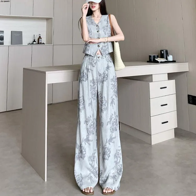时尚气质复古印花亚麻套装女夏季马甲上衣高腰阔腿长裤休闲两件套