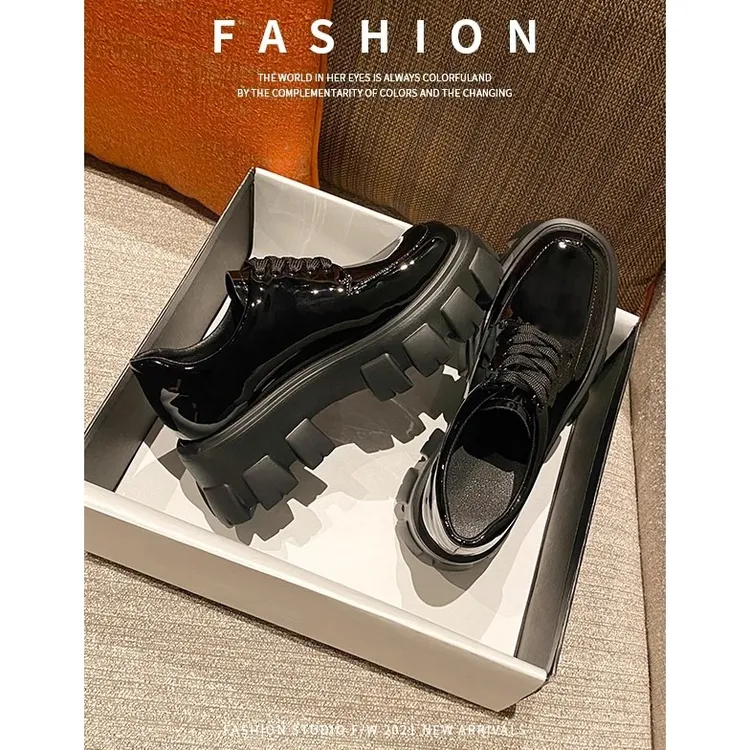 nono女鞋松糕厚底小皮鞋女英伦风粗跟真皮单鞋