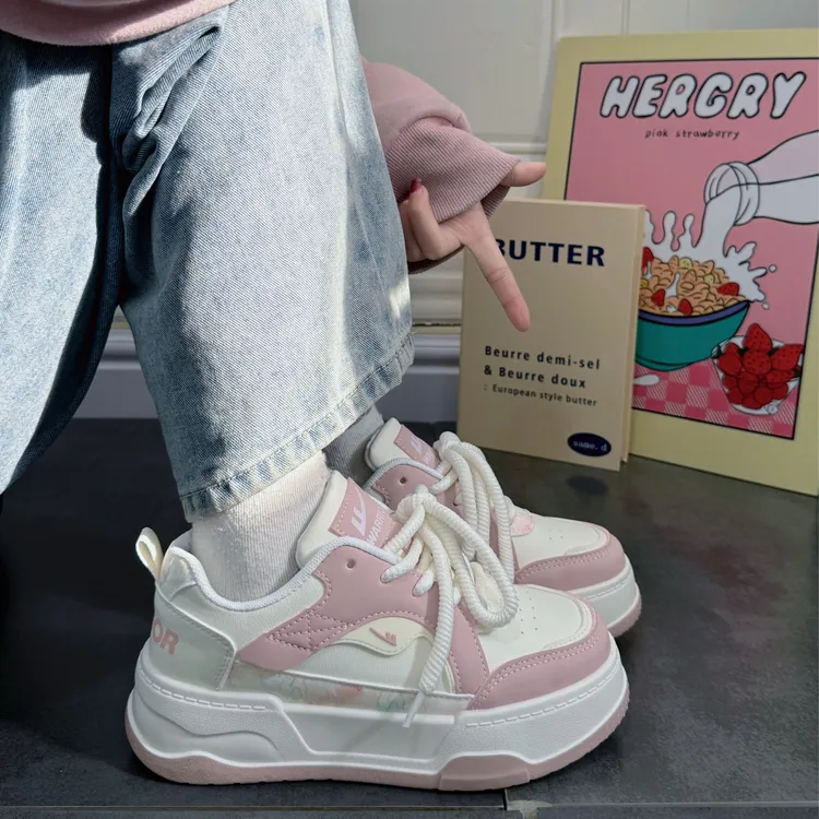 回力春夏樱花粉板鞋女2025新款可爱百搭透气休闲鞋厚底增高小白鞋