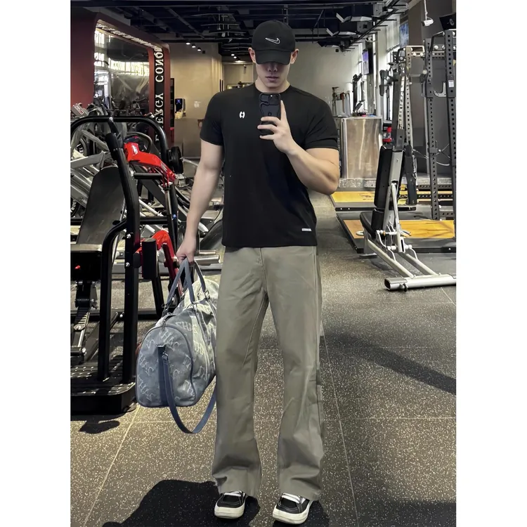 绿灰色美式复古牛仔裤男夏季薄款运动健身裤子cleanfit直筒微喇裤