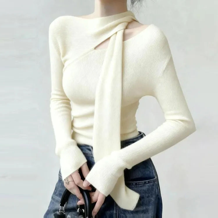 9402大码胖mm辣妹风露肩长袖针织衫女秋冬新款打底衫修身别致上衣