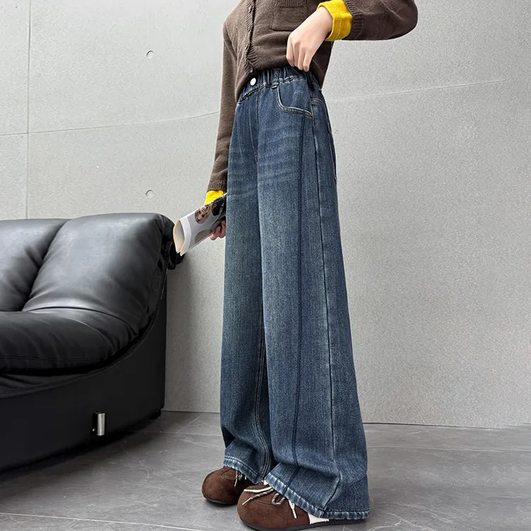 儿童冬装大女童装弯刀裤子秋冬款加绒牛仔裤一体绒冬季腿直筒裤