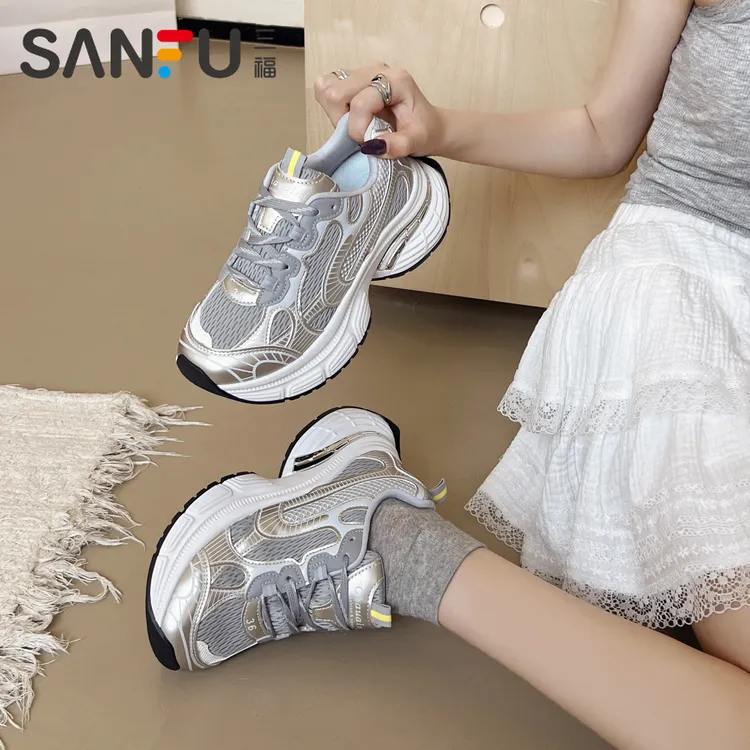 三福银色厚底老爹鞋2025女春季新款增高透气时尚休闲运动鞋高颜值