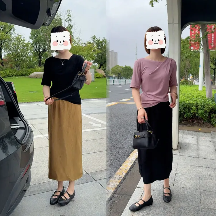 一整套ootd穿搭套装韩系纯色圆领短袖上衣搭配高腰松紧半身裙套装