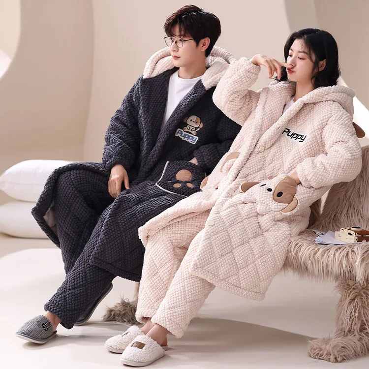 三层夹棉珊瑚绒连帽情侣睡衣女冬季爆款男士青少年睡袍家居服套装