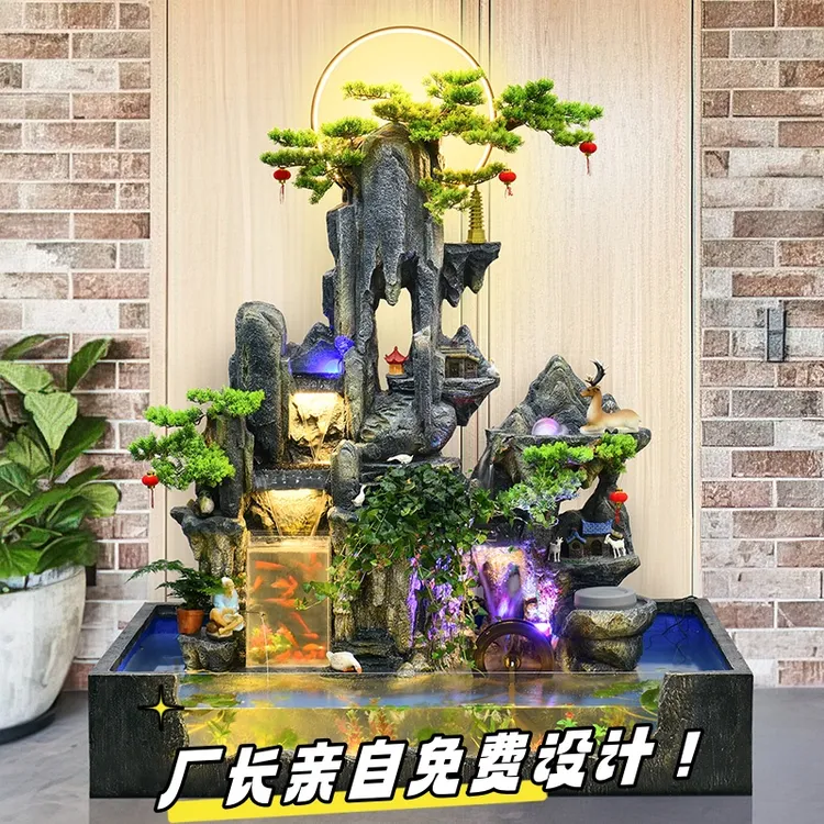 大型假山流水喷泉造景鱼缸落地摆件酒店办公室风水轮客厅玄关装饰