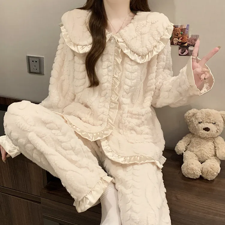 冬季新款睡衣女生加厚保暖提花绒长毛绒甜美公主风韩版家居服套装
