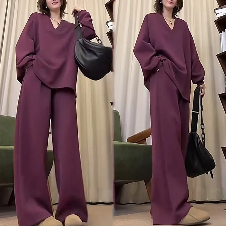 欧货休闲运动套装女春秋季新款宽松显瘦纯色V领卫衣阔腿裤两件套
