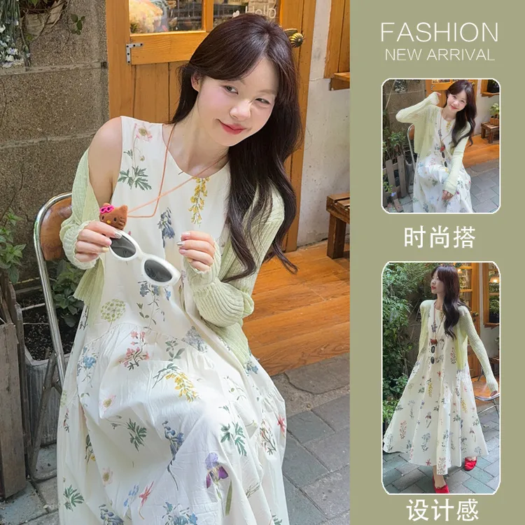 时髦孕妇装2025新款春夏田园气质无袖碎花连衣裙针织百搭开衫套装