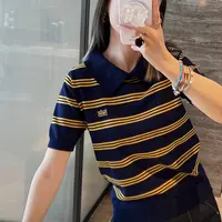 5235#深圳BOHAN秀秀家2025早秋新款条纹针织休闲显瘦翻领短袖